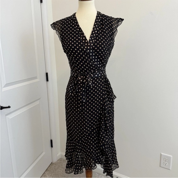 Etcetera Wrap 100% Silk Polka Dot Dress Size 4 Black Gold Flutter Cap Sleeves - Picture 1 of 11